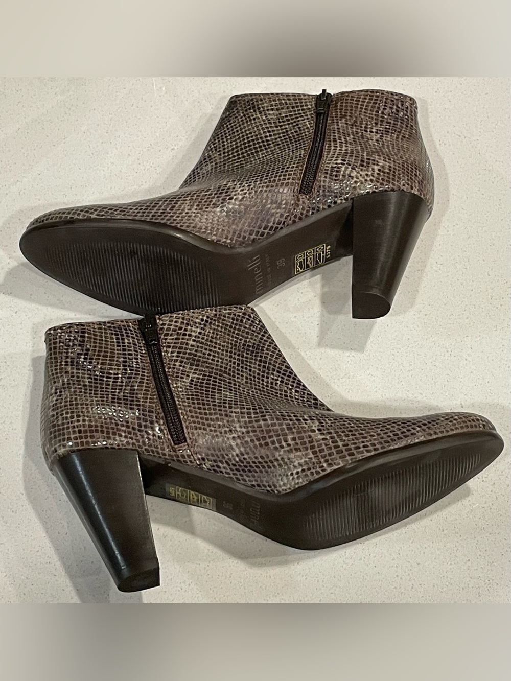 Minelli Italian Leather Brown & Grey Snake Ankle Heel Boots